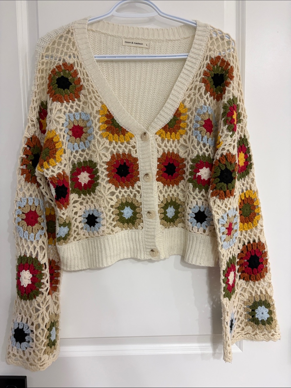 moon & madison Cream Crochet Cardigan with Multicolor Floral Motifs